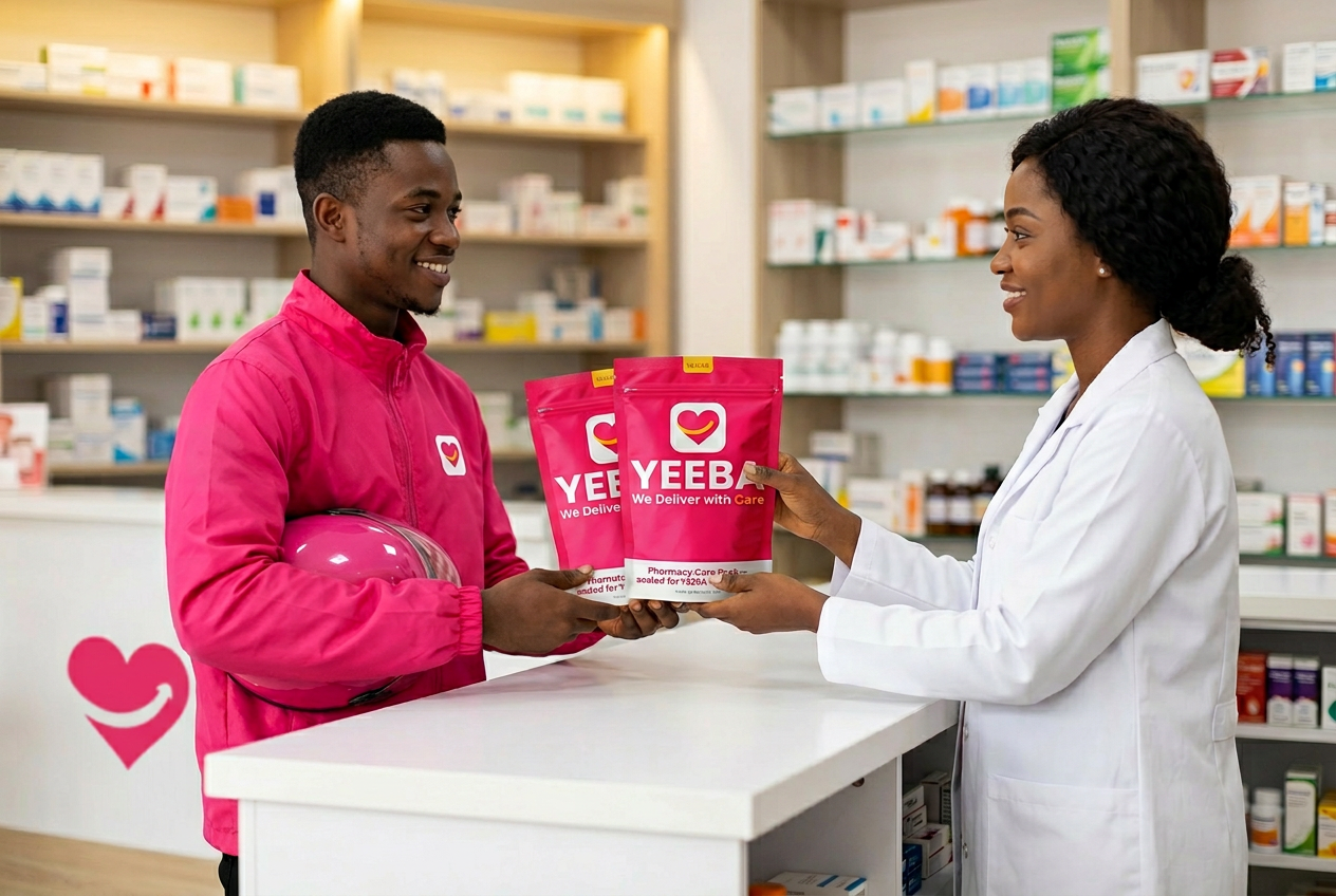 Pharmacist handing two sealed YEEBA Care Packs to a YEEBA rider in a Kumasi pharmacy